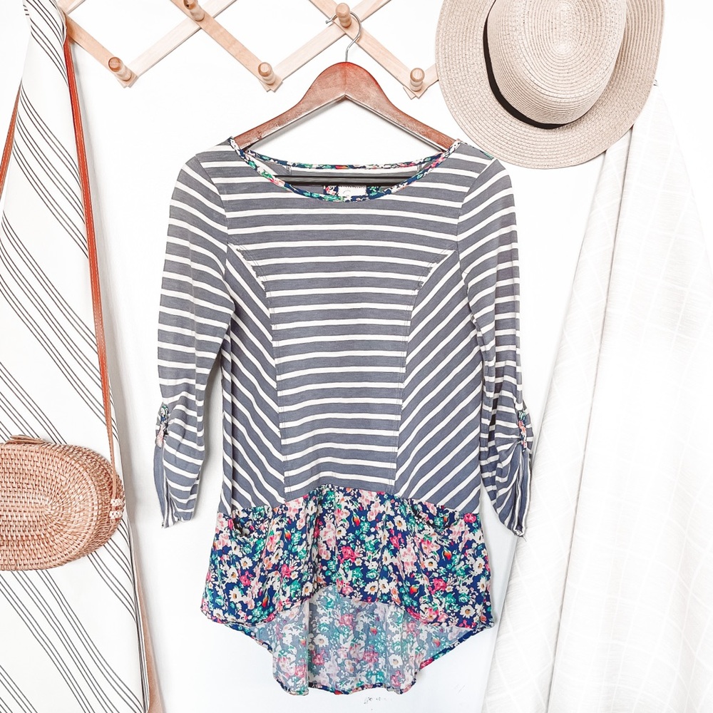 Anthropologie Gray Striped Floral Hem Top